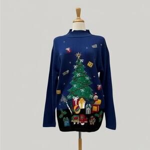 VTG Ugly Christmas Sweater Lg Blue Tree Presents Oversized Ramie Holiday Granny